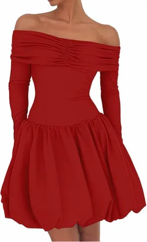 NEW Off Shoulder Mini Bubble Dress Long Sleeve Drop Waist S thumbnail 1