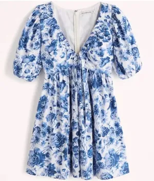 NWT Abercrombie Floral Poplin Mini Dress Puff Sleeve Large Blue Cottage Coquette thumbnail 1