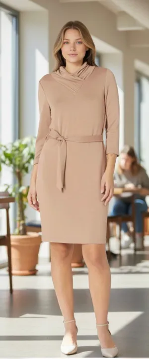 NWT Calvin Klein 3/4 Sleeve Scarf Cowl Neck Belted Midi Dress Small thumbnail 1