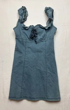 urban outfitters size medium blue Denim Ruffle Strap Dress western cowgirl thumbnail 1
