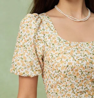 Rihoas Yellow Floral Puffed Sleeve Midi Dress thumbnail 3