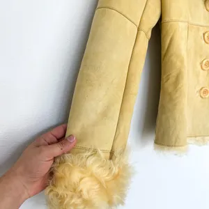 New Label SheepSkin Cream Yellow Leather Button Up shearling Jacket thumbnail 3