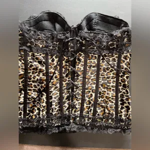 VAACODOR Women’s Leopard Print Corset Side Zip Back Tie Lace Bows Sz XXL Y2K EUC thumbnail 6