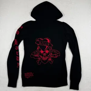 Ed Hardy Christian Audigier Black Red Embroidered Zip‎ Hoodie Skull Dagger L thumbnail 10