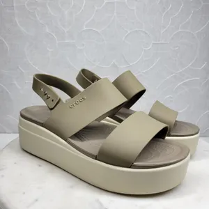 Crocs Brooklyn Low Wedge Sandals Size 8 Mushroom LiteRide Slingback Two Strap thumbnail 5