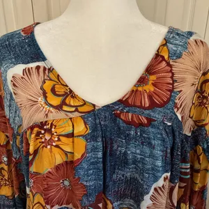Bucketlist Blouse Womens M Floral V-Neck Balloon Sleeve Tunic Blue Cotton thumbnail 2
