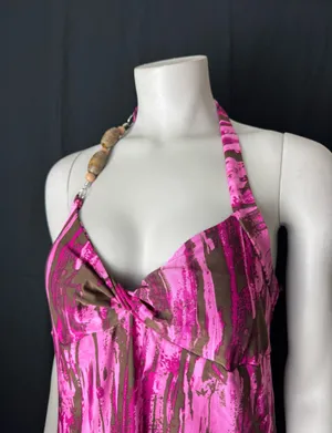 Y2K Pink & Brown Abstract Brushstroke Print Halter Top thumbnail 2