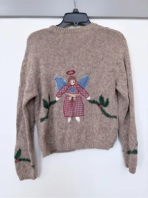 Vintage Cotton Knit Christmas Sweater Patchwork Unique Medium Button Cardigan Red thumbnail 3