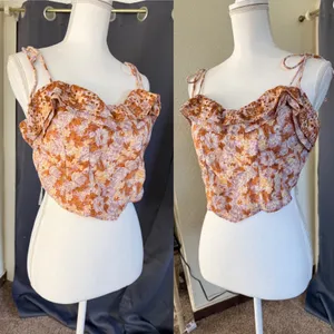 American Eagle Floral Eyelet Ruffle Corset Top Womens Large Lavender Brown NWT thumbnail 8