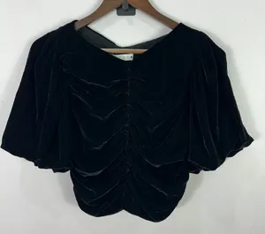 Zara Black Velvet Ruched Crop Top Size Small Puff Sleeve‎ Whimsigoth Art Deco thumbnail 1