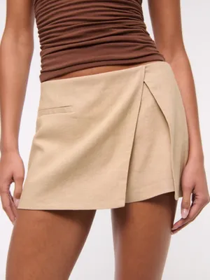 Tan Beige Mid Rise Micro Wrap Mini Skort thumbnail 2