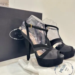 Prada Platform Stiletto T-strap Sandals Sz 39 Suede Black Gray Heels Peep Toe thumbnail 1