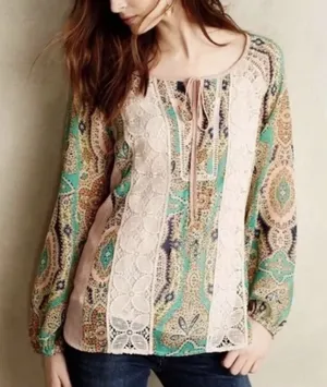 Anthropologie Meadow Rue Giada Crochet Semi Sheer Multicolor Peasant Blouse Med thumbnail 1