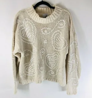 JK America Womens Vintage Sweater Silk Angora Blend Faux Pearls Ivory Size 14/16 thumbnail 1