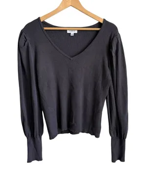 Evereve Hilary V-Neck Puff Sleeve Ribbed Pullover Sweater Grey Large thumbnail 1