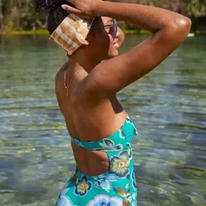 Aerie Green Floral Strapless Padded One Piece Full Coverage Swimsuit EUC thumbnail 2