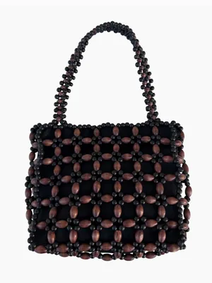 Wooden Black Brown Beaded Double Strap Snap Shoulder Bag thumbnail 1