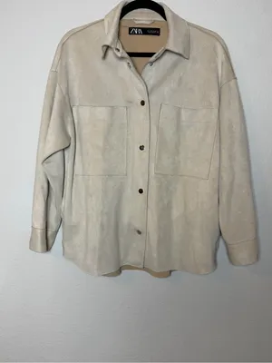 Zara Faux Suede Shacket Womens Small Beige Oversized Snap Front Shirt Jacket thumbnail 4