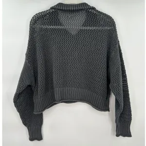Aerie Women Dark Gray‎ Open Knit Quarter Zip Cropped Cotton Sweater Size M thumbnail 2