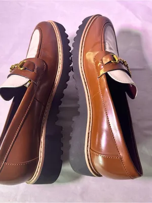 Franco Sarto Brown and Cream Leather Two-Tone Loafer with Gold Chain thumbnail 8