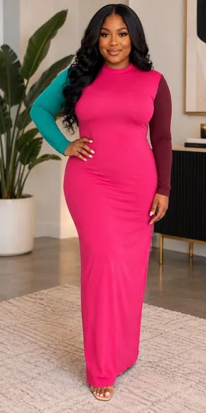 Colorblock Long Sleeve Maxi Dress in Hot Pink thumbnail 1