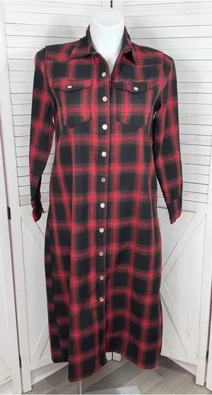 L&S‎ Plaid Snap Front Midi Duster Shirt Dress Shacket Red Black XL Western Boho thumbnail 1