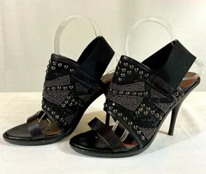 Miss Sixty Sade Stiletto Heels Black Leather Studs Jeweled Slingback Size 38 thumbnail 1