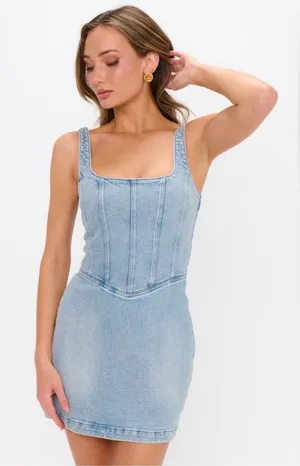 NEW Show Me Your Mumu Sleeveless Corset Denim Mini Dress in Misty Mornings thumbnail 1