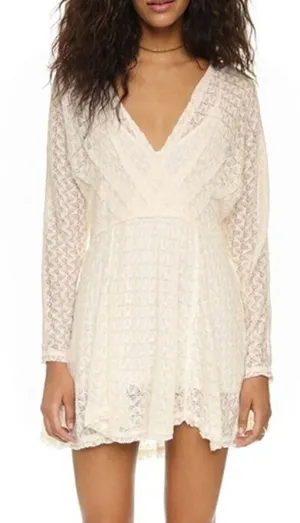 Free People Cream Lace Draped Snug Bug Lightweight Soft Mini Dress - Size - XS thumbnail 1