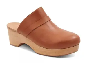 Sz10 Andre assoue brown tan slip on heeled Sofi clog wooden leather chunky amber thumbnail 1