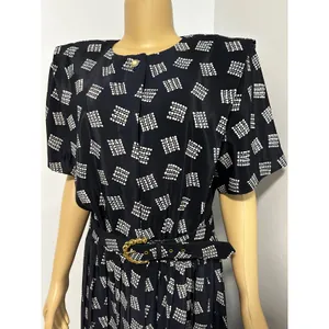 Leslie Fay Vintage Navy Blue Geometric Dot Pleated Midi Dress with Belt Size 14W thumbnail 2