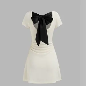 Cider Round Neck Bowknot Ruched Mini Dress thumbnail 2