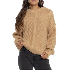 Free People Dream Cable Knit Oversized Sweater Camel NWT Size S‎ Crewneck thumbnail 6