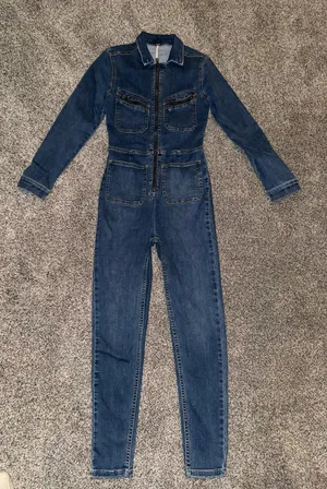 Free People Denim Jumpsuit Size XS Blue Zip Front Long Sleeve thumbnail 1