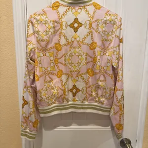 Vintage Guess Italian Maximalist Baroque Bomber Jacket Sz M Gold Chain Pink Zip thumbnail 8