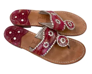 Jack Rogers Navajo Flat Metallic Red Silver Whipstitch Leather Thong Sandals 7 N thumbnail 1