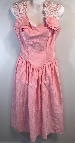 Vintage Alfred Angelo Floral Jacquard Midi Dress Lace Trim‎ Basque Waist 80s XS thumbnail 1