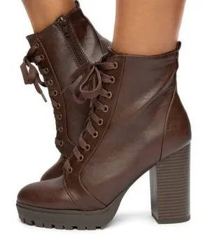Soda Balboa booties lug bottom chunky heel PU brown size 8 thumbnail 1