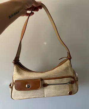 VTG Liz Claiborne Woven Beige Tan Straw Shoulder Bag Brown Trim Grandma Core S M thumbnail 1
