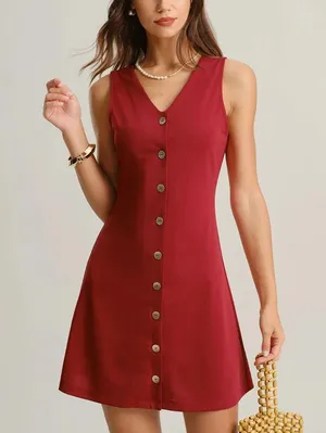 Rihoas Red V Neck Sleeveless Mini Dress thumbnail 1