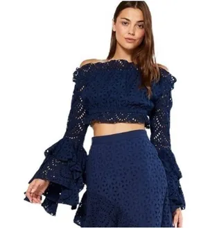 Misa Los Angeles Womens Off The Shoulder Eyelet Ruffle Cropped‎ Top Blue XL NWT thumbnail 1