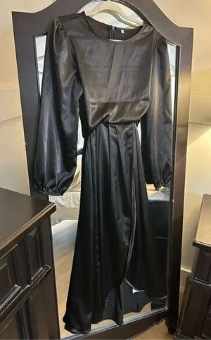 NEW BLACK Satin Long Sleeve Maxi Dress Formal Tie Wrap Skirt M thumbnail 1