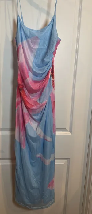 Women’s Blue & Pink Abstract Print Maxi Dress – Spaghetti Strap – Size M thumbnail 2