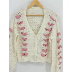 Ribbon Lace Up‎ Cardigan Womens Large Cream Pink Coquette Pointelle Knit Chunky thumbnail 4