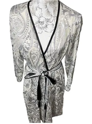 Morgan Taylor Intimates Black and White Paisley Robe Size M Midi Length Tie Belt thumbnail 1