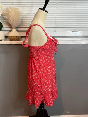 American Eagle Red Floral Mini Dress Size M Ruffle Lace Up Smocked Back Sundress thumbnail 4