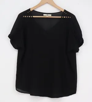 YA Los Angeles Black V-Neck Blouse Short Sleeve Ladder Cutout Sheer Back Large thumbnail 1
