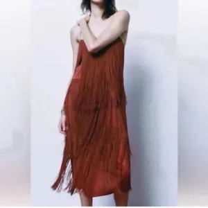 Zara Brown/Plum Sleeveless Fringe Midi Dress (Size Small) thumbnail 2
