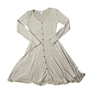 American Rag Ribbed Knit Button Front Dress Womens M Tan Boho Fit Flare Raw Hem thumbnail 1