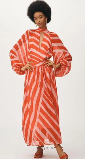 Maeve Pink and Red Mock Neck Long-Sleeve Maxi Dress thumbnail 1